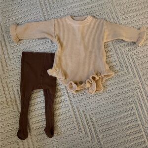 Cream Long Sleeve Romper with Ruffles Paired with Brown Tights